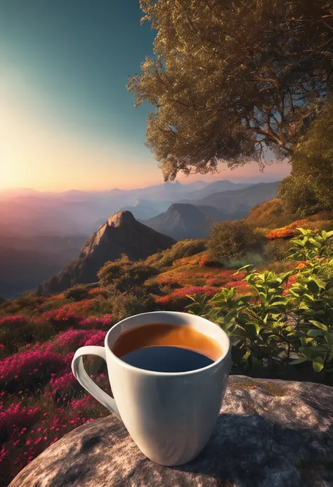 "uma paisagem pitoresca com um copo de cerveja ao lado, accompanied by a steaming cup of coffee and a soothing cup of tea on a majestic mountain."