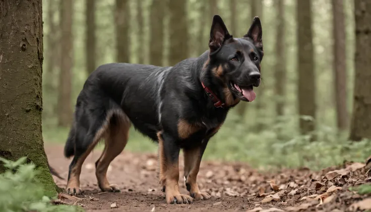 A black German shepherd and full-body tan, in front of a forest looking menacingly, in attack position, ultrarrealista, photographic, Very high resolution photo, 8k, cantos escurecidos, thick vegetation, growling at an opponent in front of him.