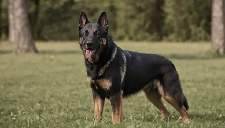 A black German shepherd and full-body tan, in front of a forest looking menacingly, in attack position, ultrarrealista, photographic, Very high resolution photo, 8k, cantos escurecidos, thick vegetation, growling at an opponent in front of him.