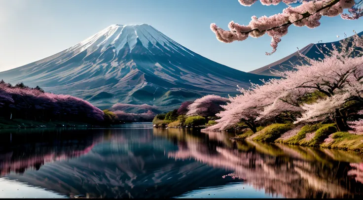 RAW photo of Mt. Fuji, delicately beautiful realistic, detail, photorealistic, ultra-realistic photo, 8k UHD, DSLR, dazzling spring mountain, high quality, film grain, fujifilm XT3, (masterpiece), majestic Mt. Daisen, Mt. Fuji reflected on the surface of t...