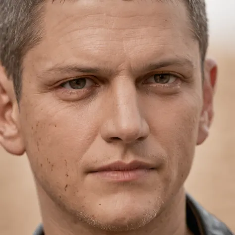 Actual image of Wentworth Miller with a smart face, in the field. Ultra real 16:9.