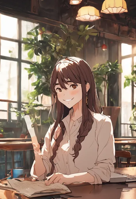 Beautuful Women、suits、Notebook work、wears glasses、Brown hair、Maki Nishiyama、a smile、building、cafes