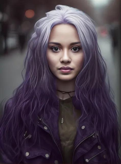 cabelo roxo com uma jaqueta preta e uma camisa verde, retrato do cabelo roxo da mulher, ela tem cabelo roxo, tons violeta, Ross Tran 8 K, cabelo violeta, cabelo roxo, cabelo longo violeta, tons roxos, tonalidade roxa, longos cabelos roxos ondulados, retrat...