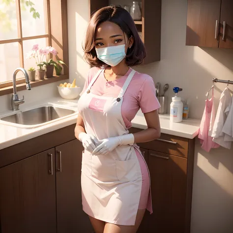 Ethiopian woman、20yr old、Smiling gaze、Human skin feel、Realistic Woman、Wearing a pink paper apron and white scrub、Dental Hygienist、dentistry、dentist、clinic、Solo Shot、short-cut、surgical mask、masks、gloves、rubber glove、