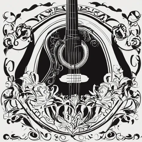 "Minimalist logo of a classical guitar, vector, trazos gruesos en negro"