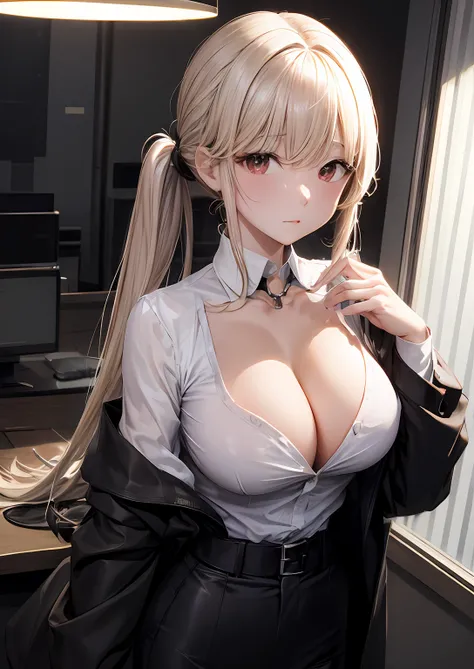 Open collar、cleavage of the breast