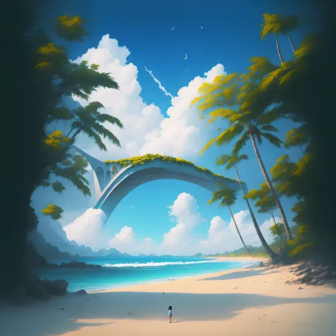 Theres a man walking on the beach under a bridge, puddles of water in the sand, arte conceitual | RHADS, inspirado no RHADS, anime scenery concept art, Tran Ross. scenic background, arte conceitual de pintura digital, Papel de parede de arte conceitual 4K,...