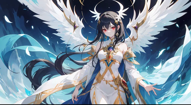 "Generate an image portraying Viona true form with black hair and sharp red eyes, concealed beneath a thick armor of radiant light, adorned with majestic wings. Depict her standing regally, her visage obscured by the brilliance of her divine attire. Convey...