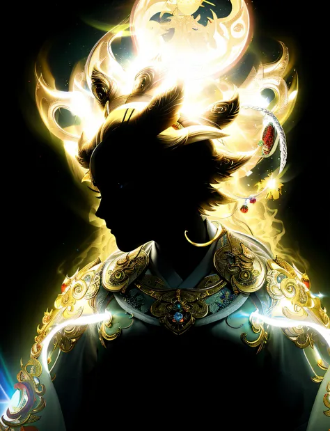 arafed image of a woman with a glowing head and a glowing halo, the god emperor of mankind, sun wukong, glowing golden aura, asura from chinese myth, anime epic artwork, aura of power. detailed, glowing black aura, god of the sun, ( ( god king of ai art ) ...