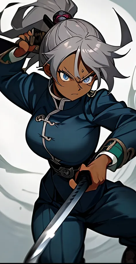 (masterpiece, best quality), female Demon Slayer character, dark skin, grey hair, blue eyes, hashira uniform, holding a katana.