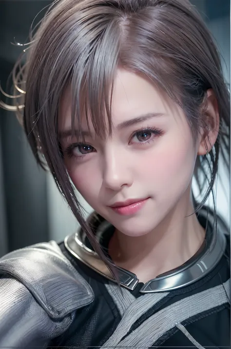 (8k, photorealistic, RAW photo, top quality: 1.4), (1girl), super beautiful, (realistic face), (boyish, silver-colored berry short hair), beautiful cyberpunk suit, glares seducing viewer, beautiful expression, beautiful breasts, (realistic skin), beautiful...