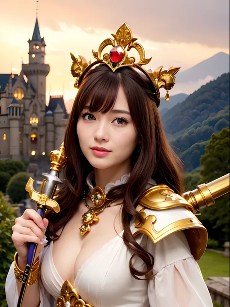 Professional , ​masterpiece、top-quality、photos realistic , depth of fields （Gemstone Silver Metal Body:1.９),(Matte yellow、Jewel Gold Weapon、（Gorgeous castle background）、（Jewel Metal Body:1.４),（Gorgeous Jewel Metal Weapons） , （Detailed Sword of the Brave） ,...