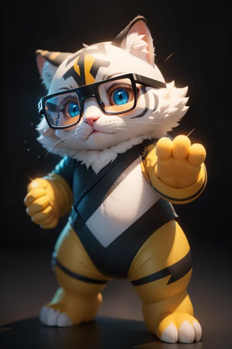 tigre branco hiperrealista, Cute small standing with different colored eyes with black glasses, adorable and fluffy, design de logotipo, desenho animado, cinematic lighting effect, charmoso, arte vetorial 3D, bonito e peculiar, arte de fantasia, bokeh, han...