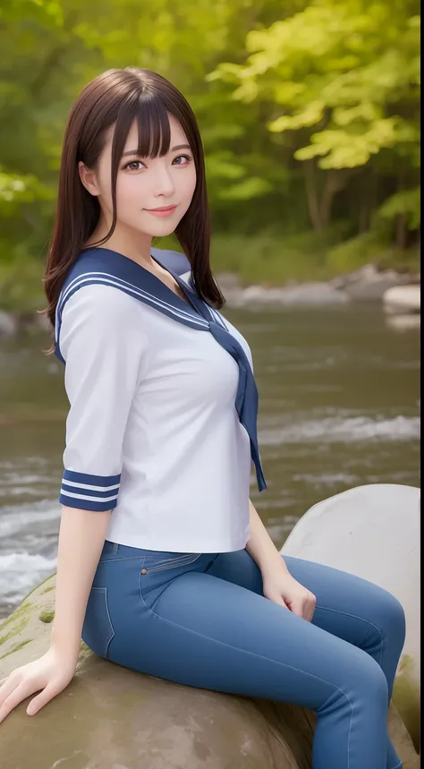 a pregirl，Thirty year old, ssmile, looking at viewert, sailor uniformm,skintight jeans, photore, realisticlying, Best quality at best, employee, 详细的脸, Sit on a large rock in the middle of the forest, There is a river