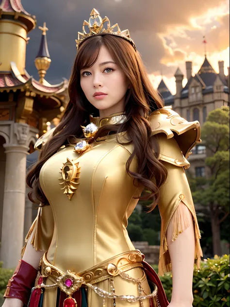 Professional , ​masterpiece、top-quality、photos realistic , depth of fields （Gemstone Silver Metal Body:1.９),(Matte yellow、Jewel Gold Weapon、（Gorgeous castle background）、（Jewel Metal Body:1.４),（Gorgeous Jewel Metal Weapons） , （Detailed Sword of the Brave） ,...