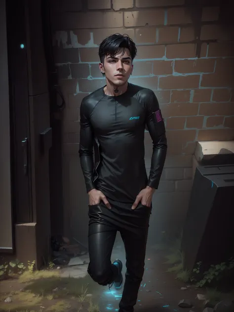 Change background cyberpunk handsome boy, realistic face, 8k, ultra realistic, Change clothes into Black suit and sleeper with black boots