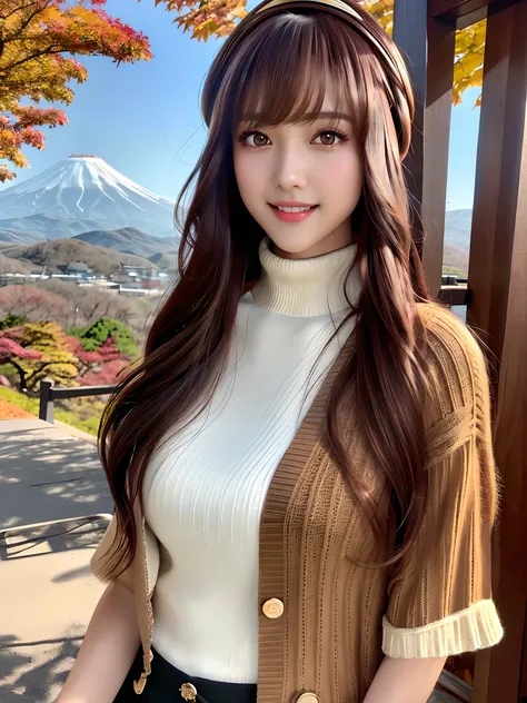 mast, 1 girl per 1 photo, Face shot, Front view, a Japanese young pretty girl, Long Bob hair, goggles on headwear, Autumn leaves surrounded by mountains in Japan, A big smile, Dark brown knit cardigan with black turtleneck, stares at the camera, hyper cute...