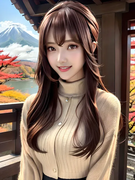 mast, 1 girl per 1 photo, Face shot, Front view, a Japanese young pretty girl, Long Bob hair, goggles on headwear, Autumn leaves surrounded by mountains in Japan, A big smile, Dark brown knit cardigan with black turtleneck, stares at the camera, hyper cute...