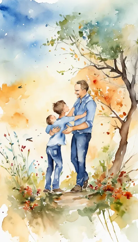 a father holding his baby boy and raising him to the sky in beautiful background watercolor sublimation, vector art, illustration, intricate details, highly detailed, full details, 12k, high resolution, UHD,