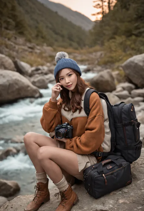 inki2 ((upper body selfie, happy)), masterpiece, best quality, ultra-detailed, ground, outdoor, (night), mountains, nature, (stars, moon) cheerful, happy, backpack, bag sleeping, camping stove, water bottle, mountain boots, gloves, sweater, hat, lantern, f...