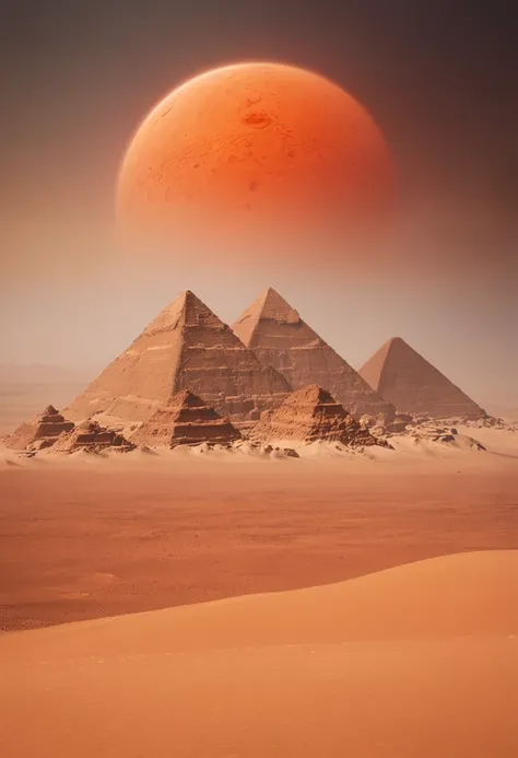 On Mars，The pyramids are towering，Sandstorms swept through，Inaccessible。Blood red sun，Huge planets hang high in the sky。{lonely，immensity，Empty}