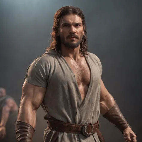 (Professional 3D rendering:1.3) de (Realistic:1.3) Foto de arte mais bonita do mundo，Features soft, bright male heroes, ((Epic hero fantasy rough muscular man wet hero angry look long hair short beard and fierce expression in dynamic pose, fantastic locati...