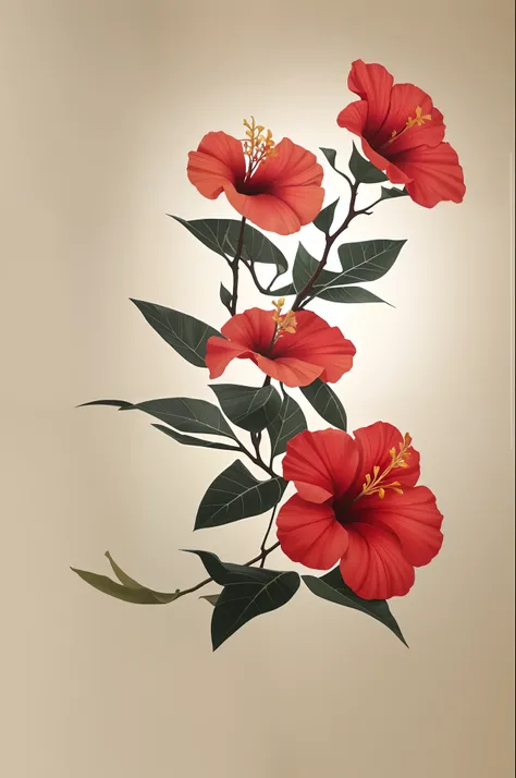 hibiscus flower blooming on a gnarled branch against a grey background, simple background, in the style of light orange and light beige, minimalist images, photography installations, paleocore, green and crimson, hyper-realistic, poetic intimacy