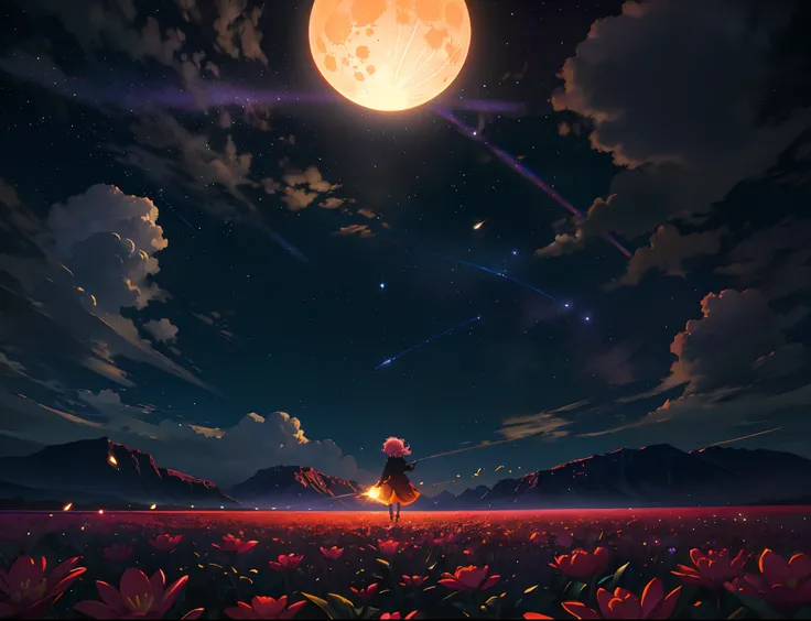 Vast landscape photo, (viewed from below, the sky is above and the open field is below), a girl standing on a flower field looking up, (full moon: 1.2), (meteor: 0.9), (nebula: 1.3), distant mountains , Trees BREAK Crafting Art, (Warm Light: 1.2), (Firefli...