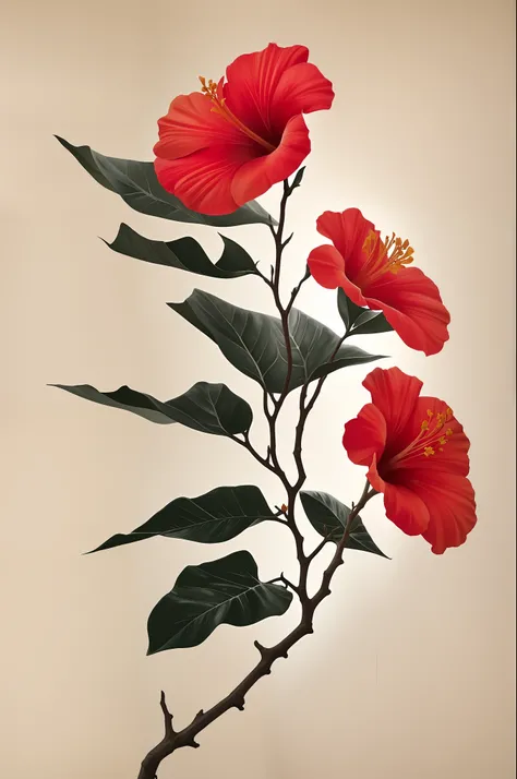 hibiscus flower blooming on a gnarled branch against a grey background, simple background, in the style of light orange and light beige, minimalist images, photography installations, paleocore, green and crimson, hyper-realistic, poetic intimacy