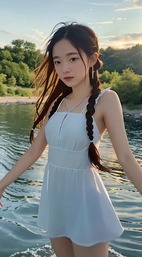 Beautiful young nude Ellen from The Last of Us part 1, game, hyperrealistic, 14 years old, model body, small breasts, beautiful breasts, long hair, braided hair, medium anchor earring, long legs, 8k, detailed scenery, diving in the river , sunrise, sun on ...