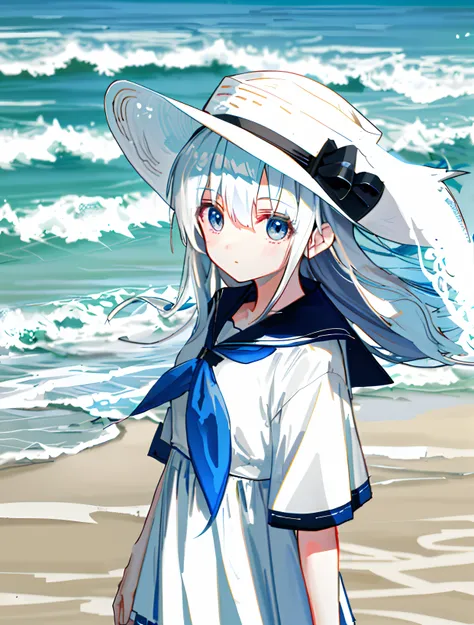 Venue beach，schoolgirls，White color hair，eBlue eyes，white  clothes，Its cute，Wear a white hat on your head