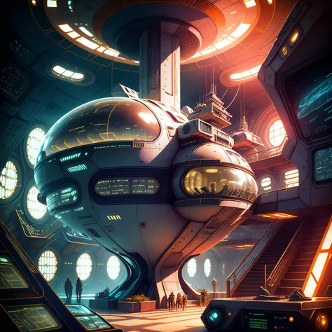 Close-up of the interior of the spaceship, depiction of science fiction details, high-tech elements, advanced electronics, cool lighting effects, cabin mechanical structure, metallic luster, future space technology, large space institutions, astronaut work...