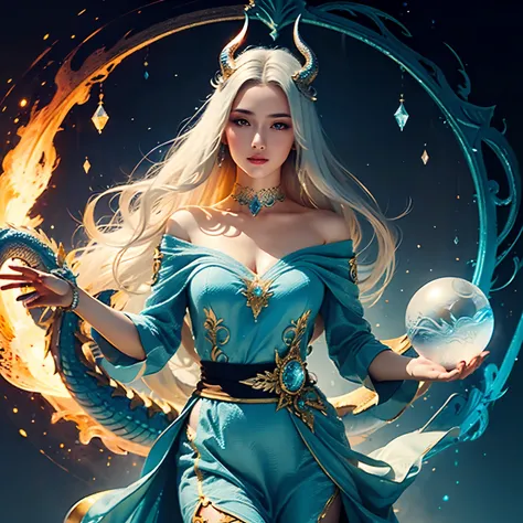 Drawing woman in blue dress with white hair holding crystal ball, Fantasy Art Style, Cast Ice Hockey, Dragon horns on the head、High quality fantasy art with blue dragon on back