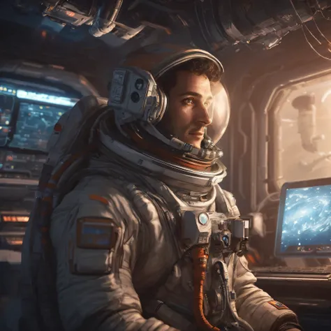 arafed astronaut in a space station with a computer, portrait of an ai astronaut, sci-fi digital art illustration, wojtek fus, portrait of an astronaut, an astronaut in space, astronaut in space, space art concept, astronaut lost in liminal space, futurist...