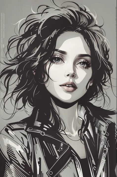 Young female rock singer,  Portait in Anton Corbijn style, Simple lines, Vector art, black-and-white, Passion, artistic