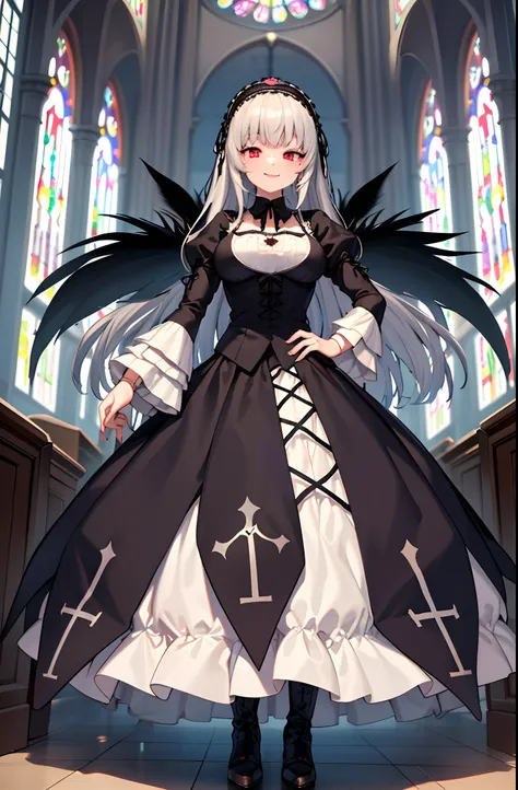 (masterpiece, best quality, detailed, highres), 1girl, solo, indoors, church, stained glass, window, sunlight, hand on hip, evil smile, from below, looking at viewer, suigintou, XXXXXX fashion, XXXXXX hairband, black dress, frills, black wings, knee boots,...