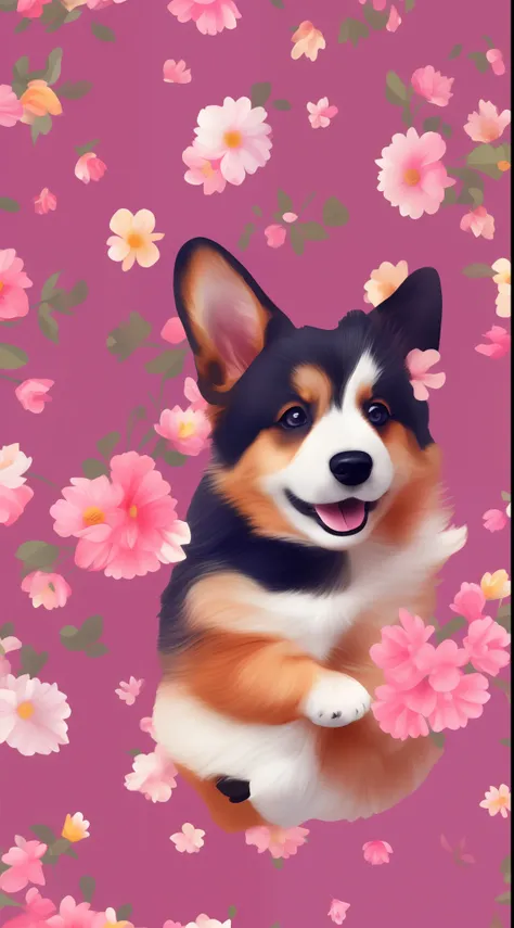 a cute puppy（quantity 1），corgi，fashionable background，the puppy is in the middle of the picture，，quantity 1，pinkish background，o...