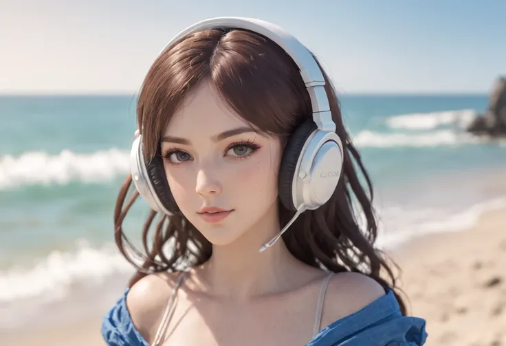 anime girl with headphones on on the beach by the ocean, anime styled digital art, digital anime art, digital anime illustration, portrait anime girl, anime style digital art, portrait of anime girl, beautiful anime portrait, detailed digital anime art, de...