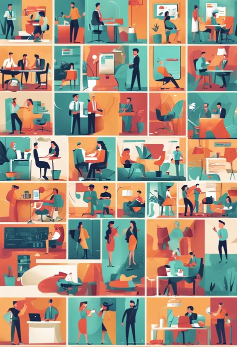 Business Teamwork illustrations, Mega set, Collection of scenes with men and women
taking  part in business, A simple, minimalistic  art with mild colors, vector style