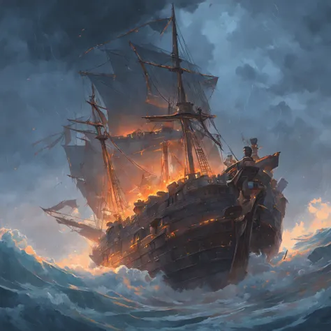 A pirate ship in a stormy storm with dark clouds, Great waves flooded the road, Detailed oil painting, The flame burns, unreal 5 render, RHADS, Sargent and Ryan Decker, Savlasov Levitan Polenov, by bruce pennington, by Ghibli Studio, tim hildebrandt, Digit...