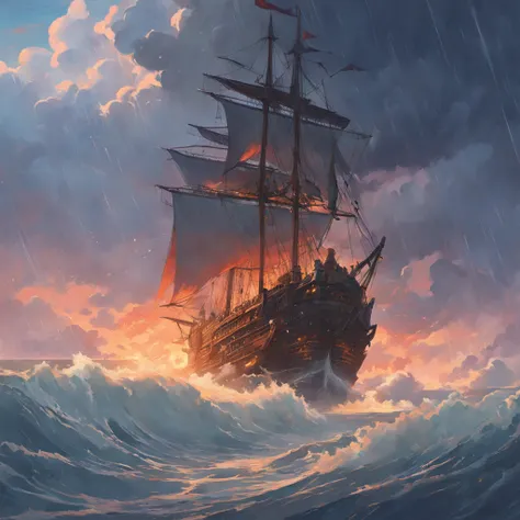 A pirate ship in a stormy storm with dark clouds, Great waves flooded the road, Detailed oil painting, The flame burns, unreal 5 render, RHADS, Sargent and Ryan Decker, Savlasov Levitan Polenov, by bruce pennington, by Ghibli Studio, tim hildebrandt, Digit...