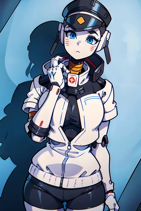 a robot lady wearing a white jacket