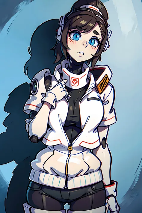 a robot lady wearing a white jacket