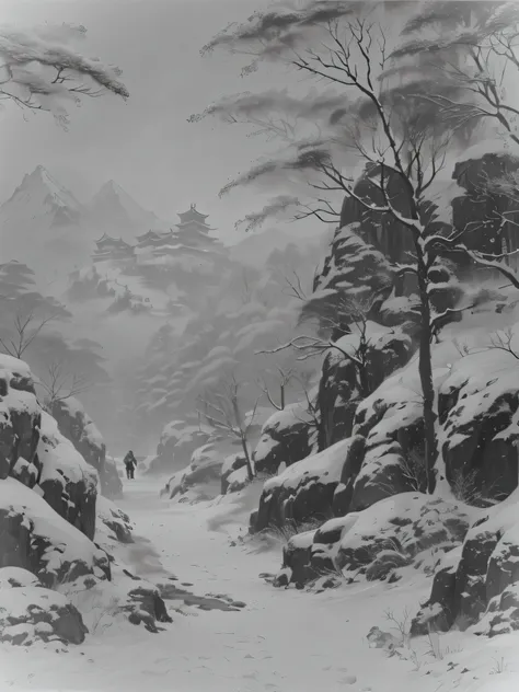 Aladid view of snowy mountains，Alone walking on the path, inspired by Ryōhei Koiso, inspired by Shen Shichong, inspired by Lu Zhi, inspired by Yeong-Hao Han, inspired by Huang Binhong, inspired by sung choi, inspired by Wen Zhengming, inspired by Kim Hong-...