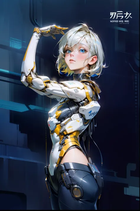 High Quality, Ultra High Resolution, Ultra Realistic, Super Detailed, Robot, Humanoid, Slim, beautiful, blue eyes, 1girl, yellow hair, short hair, Full Face, Full Body, female, Metallic, Metallic, Luxury, Metallic, One