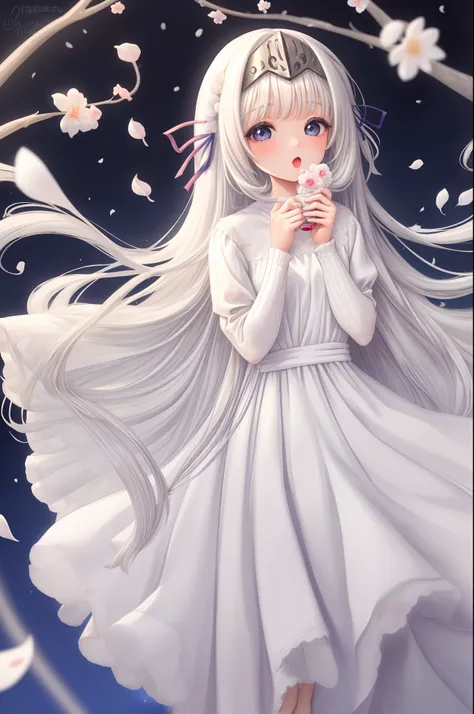 1 girl, bangs, blue eyes, dress, white, hair clip, long hair, looking lens, petals, ribbon, silver hair, very long hair, white dress, wedding dress