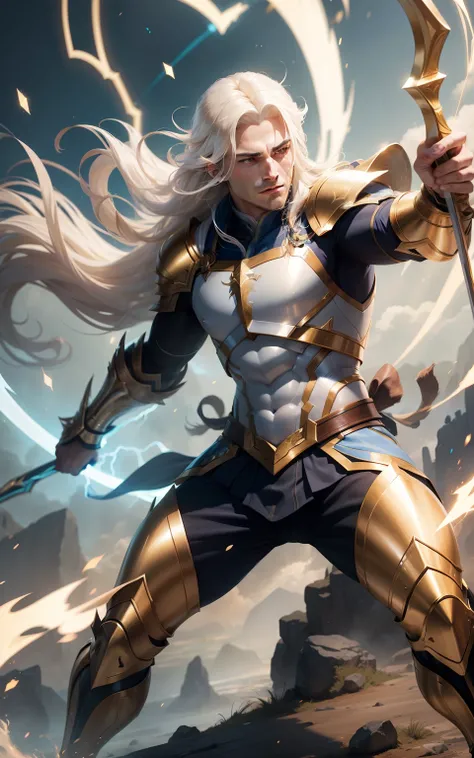 Man with bow Fantasy Action Armor Golden Hair Full Body White Blue Rays Action Background Add Golden Armor Improve Add Hair Archer White Beast Lightning Effects