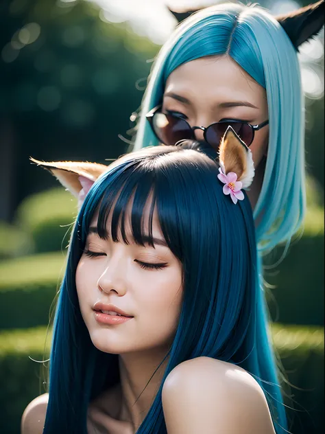 Shiny pork belly in front of the girl, Blue hair, Asymmetrical bangs, hair over shoulders, hair flower, over-rim eyewear, Closed eyes, Fox ears, smelling, Drooling, anime big breast, color difference, Sparkle, pillarboxed, tachi-e, From below, kanon, 135mm...