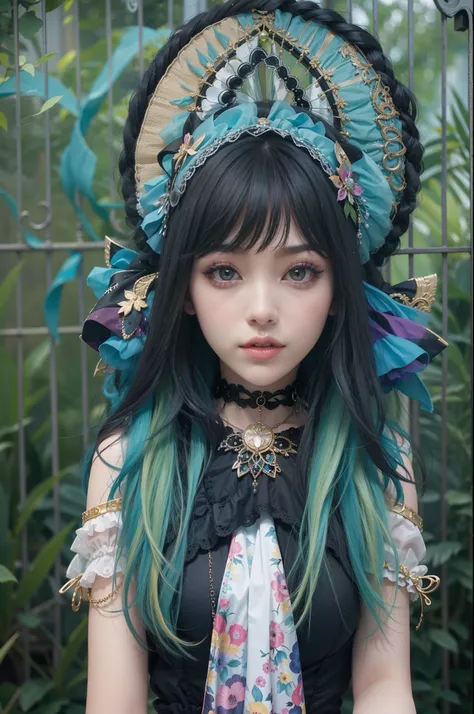 En un hermoso parque una mujer de aspecto moderno. It has a very colorful and striking kawaii gothic style.., con un maquillaje elegante y una peluca colorida.