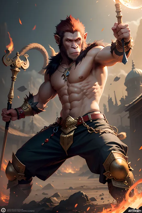 masterpiece, best quality, photorealistic, warrior monkey, epic wukong, action pose, dynamic stance, gold, jewelry, magic circle, male_focus, staff, by artgerm, high octane render,